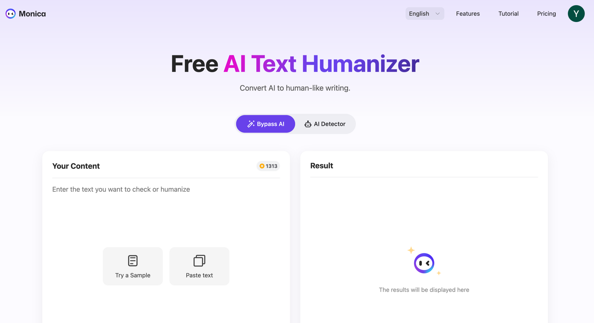Interface of Monica AI Text Humanizer