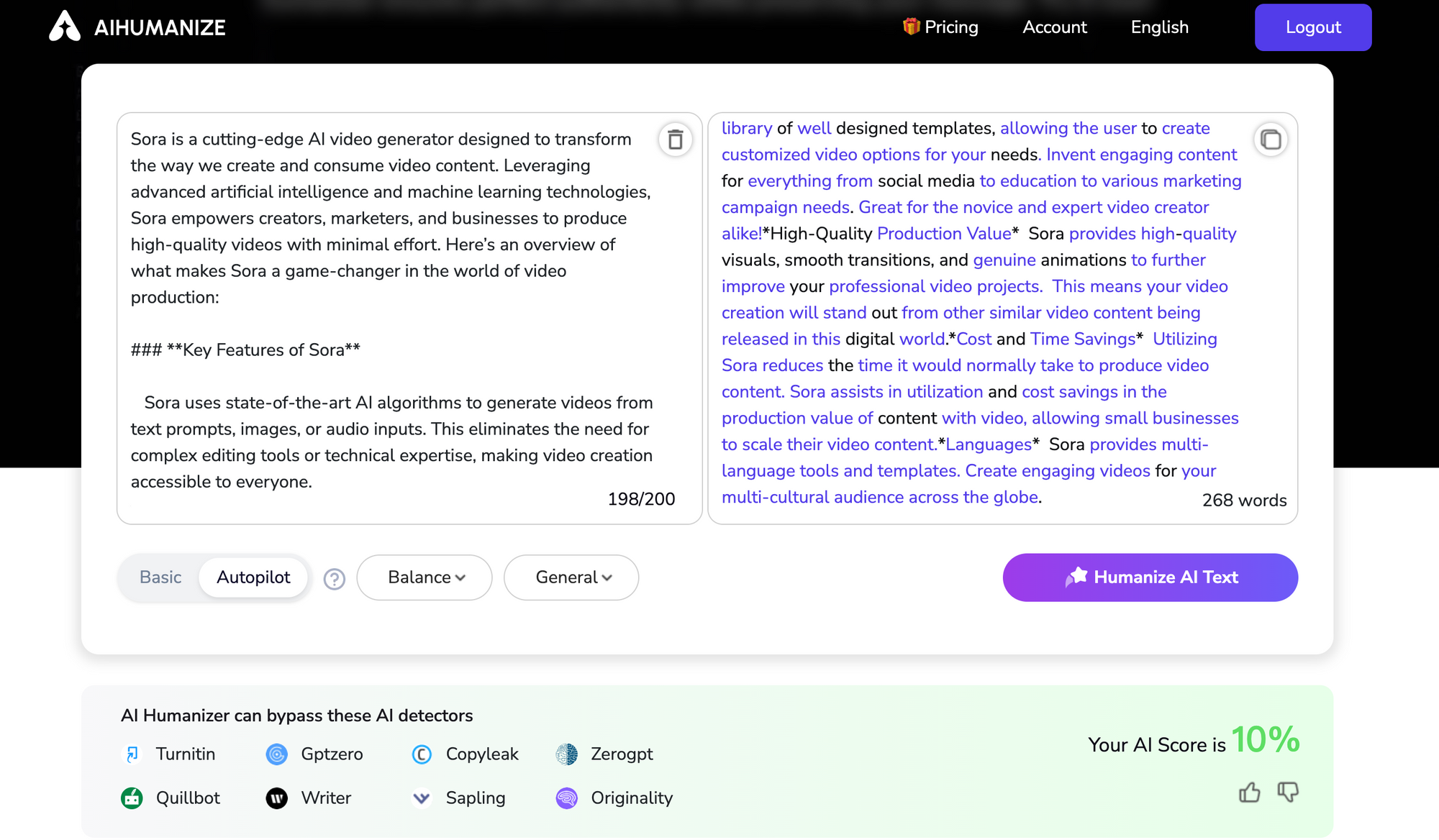 Interface of AI Humanize